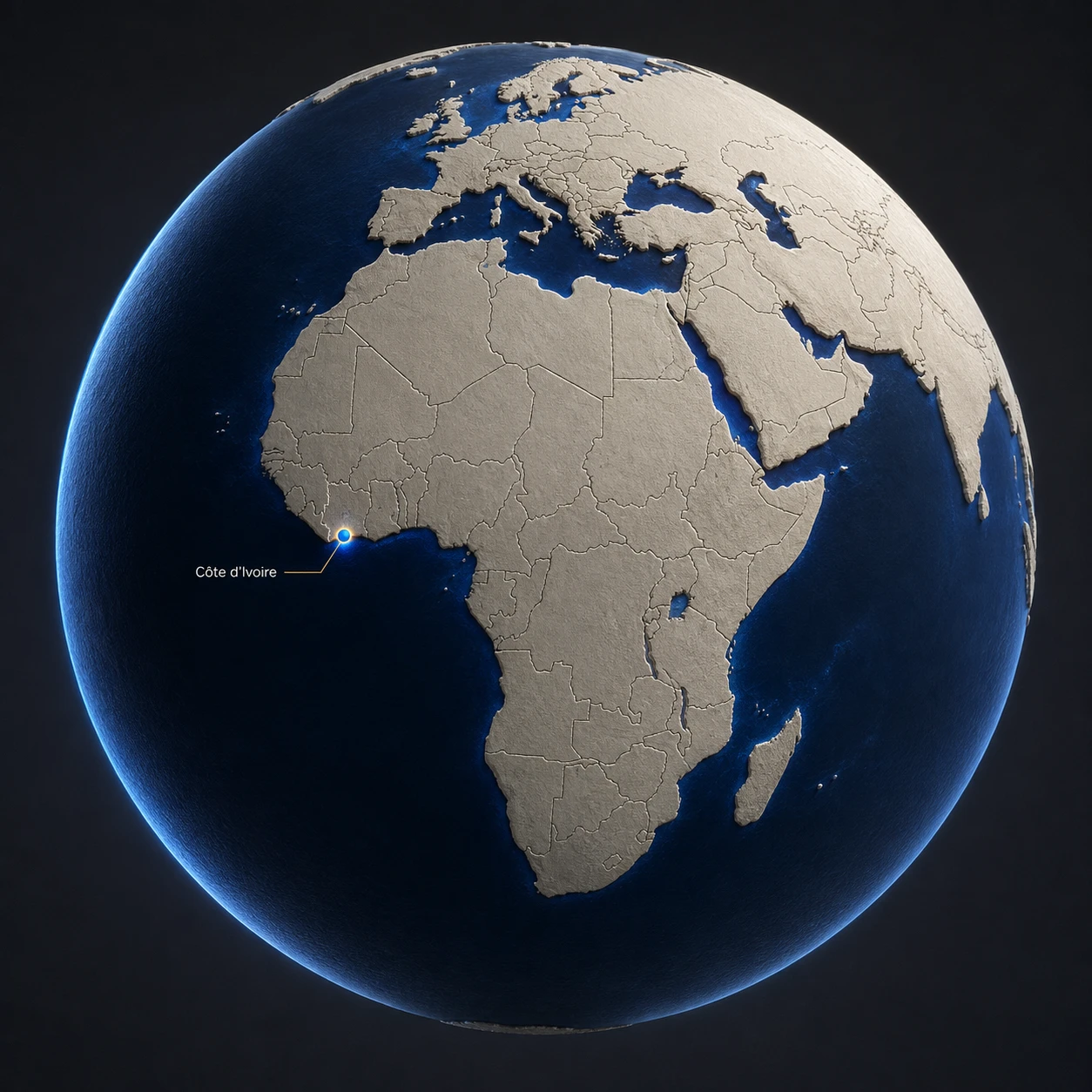 Globe centré sur l’Afrique, avec la Côte d’Ivoire mise en évidence.