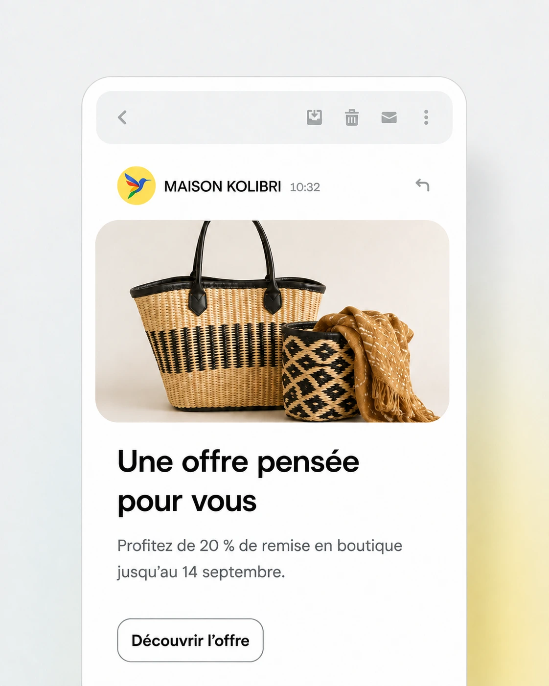 Carte de campagne Maison Kolibri présentant une remise de 20 % et un panier tressé.