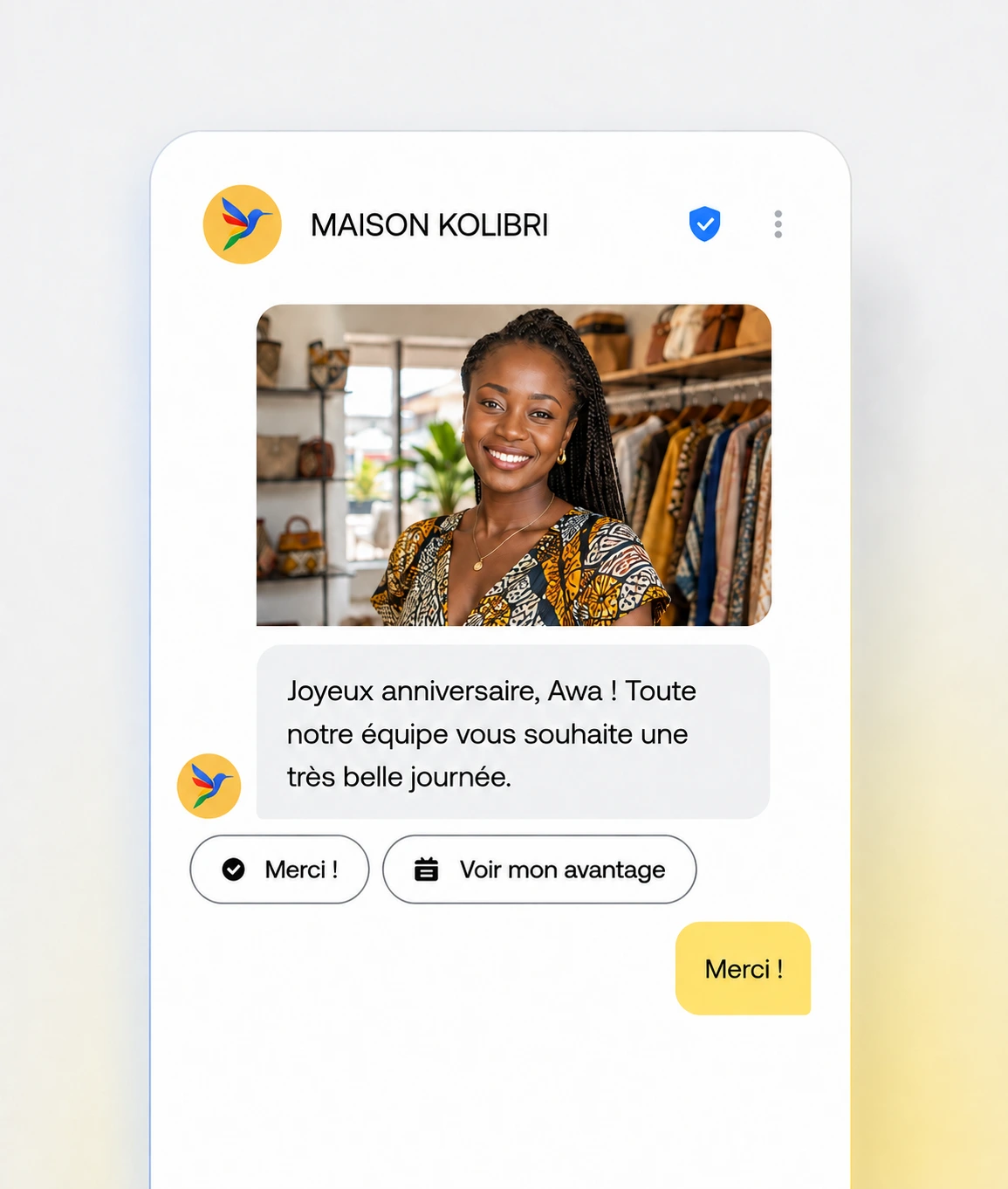 Conversation d’anniversaire Maison Kolibri avec une cliente ivoirienne prénommée Awa.