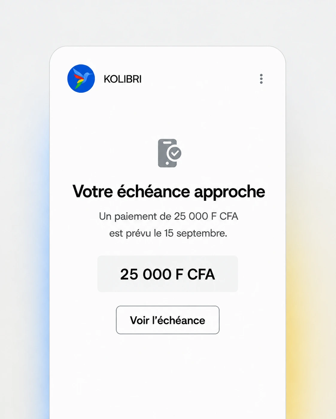 Carte de rappel pour une échéance de 25 000 F CFA prévue le 15 septembre.