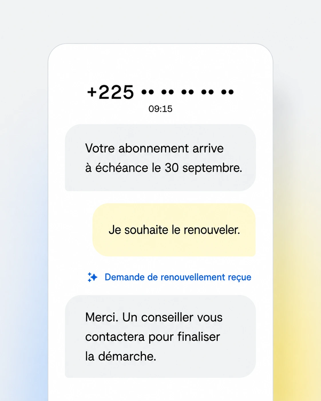 Conversation SMS illustrant une demande de renouvellement reçue.