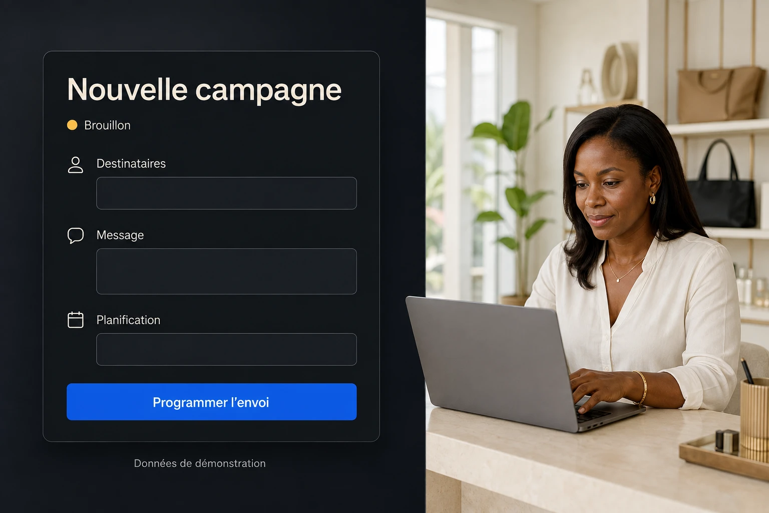 Maquette française de création de campagne SMS, accompagnée d’une scène professionnelle ivoirienne.
