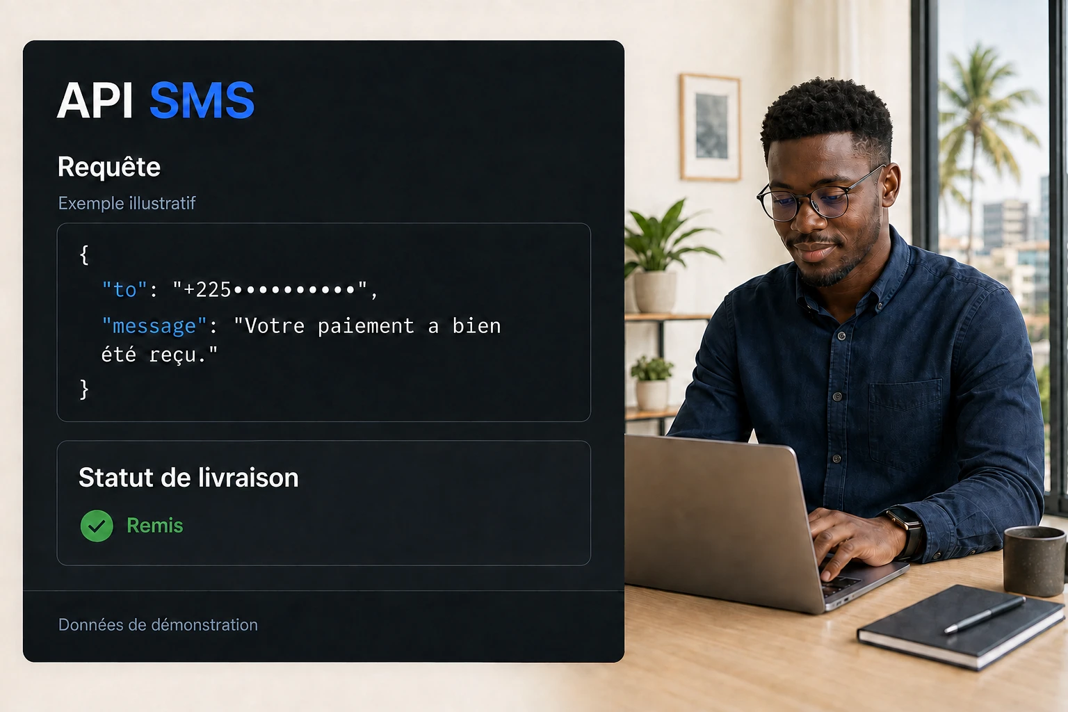 Maquette illustrative d’une requête API SMS et d’un statut de livraison remis.