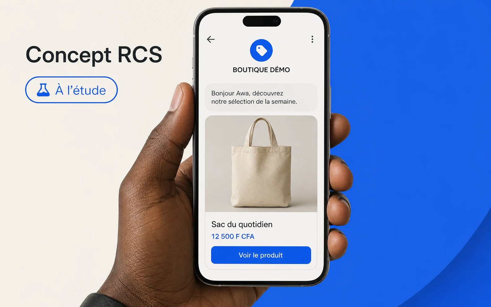 Concept RCS à l’étude, présentant un produit à 12 500 F CFA dans une conversation en français.