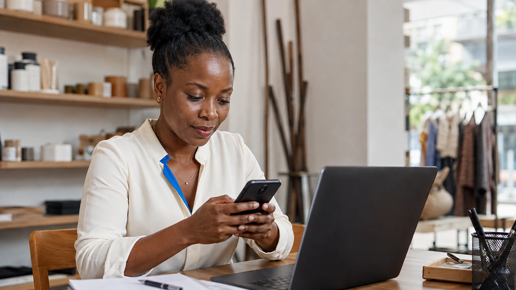 Scène illustrative d’une dirigeante de PME à Abidjan consultant un message sur son téléphone.